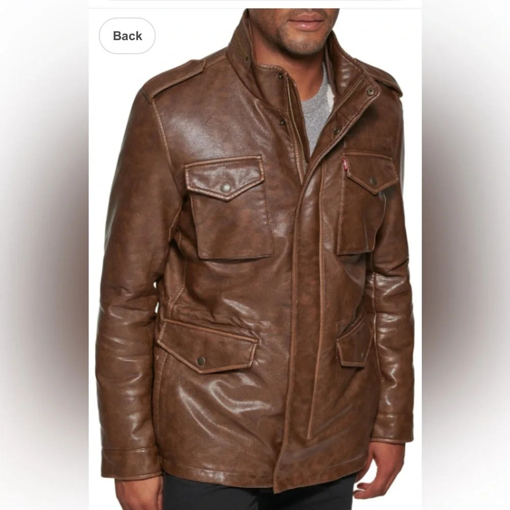 Levi's Men's 4-Pocket Field Military Jacket Large Saddle Faux Leather Sherpa - Picture 1 of 14